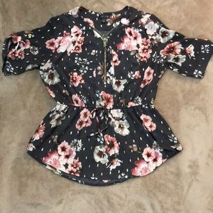 Grey floral chiffon top. Zipper neck detail